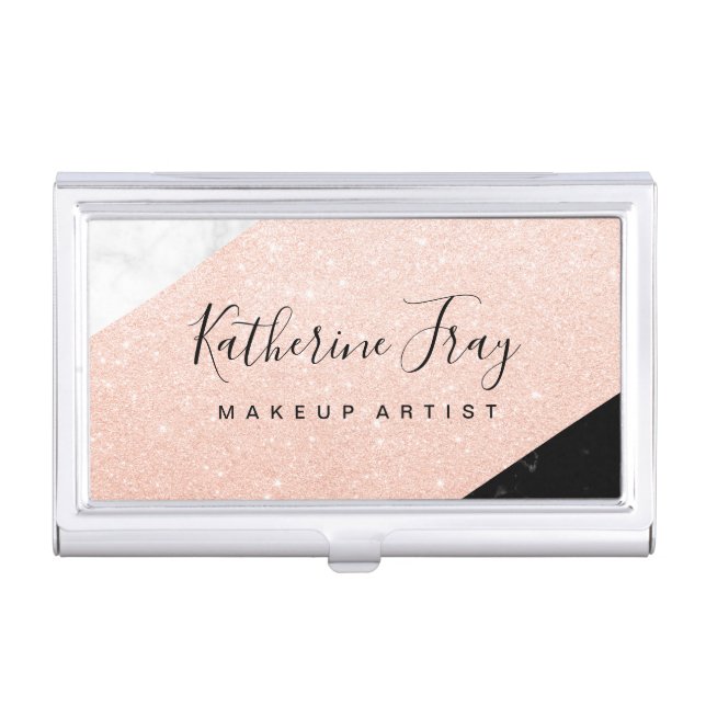 Elegant glitter black white marble makeup artist business card case (Front)