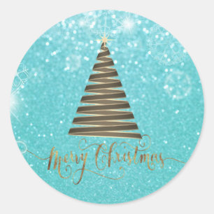 Elegant Glitter Blue Christmas Tree Classic Round Sticker