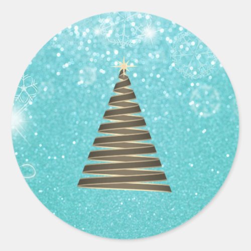 Elegant Glitter Blue Christmas Tree Classic Round Sticker