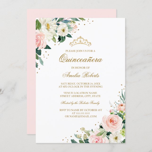 Elegant Glitter Blush Gold Floral Quinceanera Invitation (Front/Back)