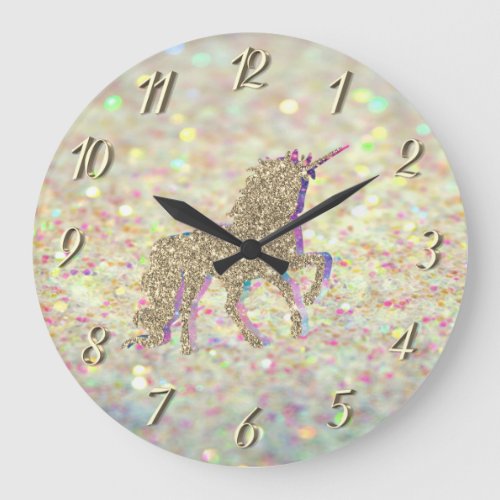 Elegant  Glitter Bokeh  Gold Glitter Unicorn Large Clock