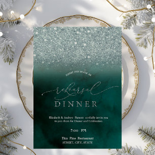 Elegant Glitter Bokeh Green Rehearsal Dinner Invitation