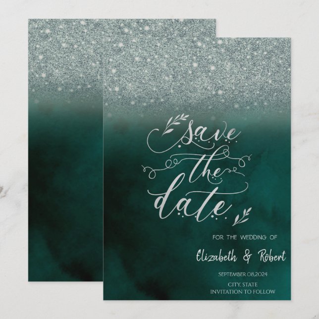 Elegant Glitter Bokeh Green  Save The Date (Front/Back)