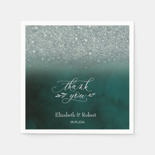 Elegant Glitter Bokeh Green Thank You Card Napkins