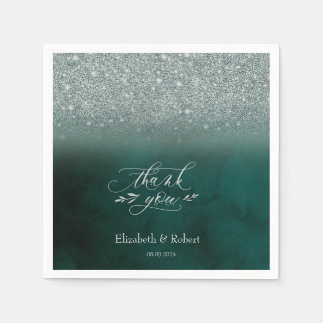 Elegant Glitter Bokeh Green Thank You Card Napkins (Front)