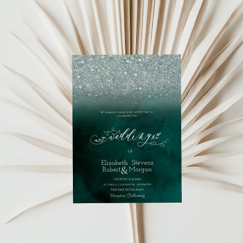  Elegant Glitter Bokeh Green Wedding  Invitation