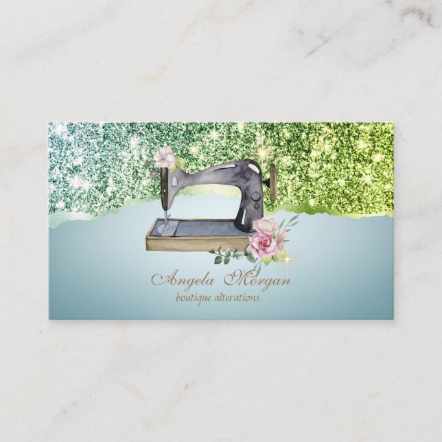 Elegant Glitter Border Floral Sewing Machine Business Card (Front)
