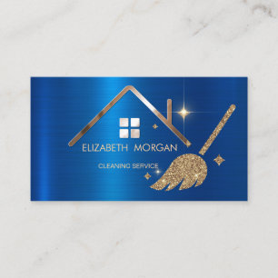 Elegant Glitter Broom House Blue Metallic Business Card