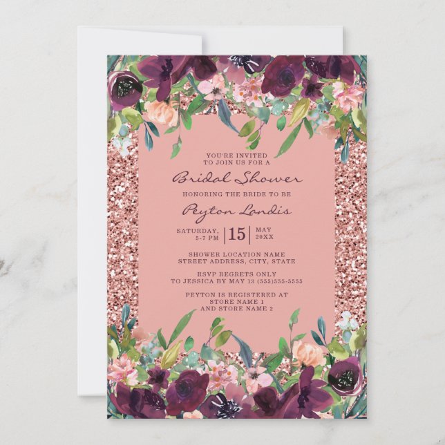 Elegant Glitter Burgundy Pink Floral Bridal Shower Invitation (Front)