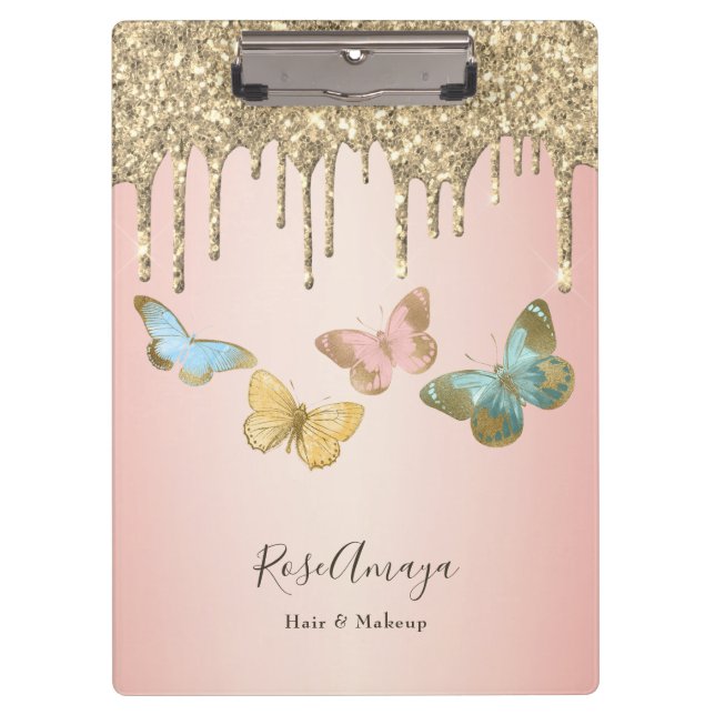 Elegant Glitter Butterflies Personalized Clipboard (Front)