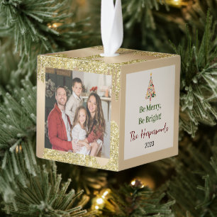 Elegant Glitter Christmas Family 3 Photo Modern Cube Ornament