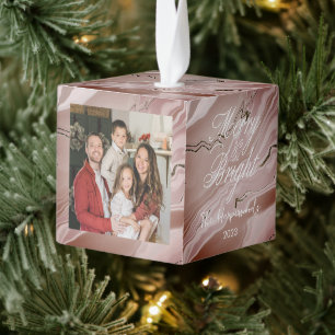 Elegant Glitter Christmas Family 3 Photo Modern Cube Ornament