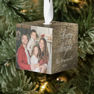 Elegant Glitter Christmas Family 3 Photo Modern Cube Ornament