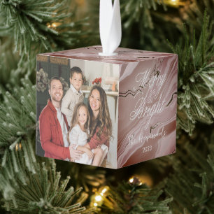 Elegant Glitter Christmas Family 3 Photo Modern Cube Ornament