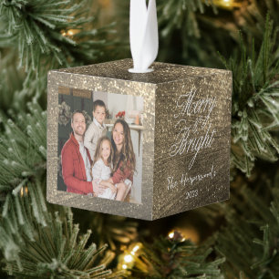 Elegant Glitter Christmas Family 3 Photo Modern Cube Ornament