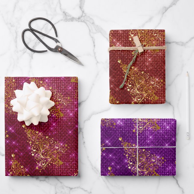 Elegant Glitter Christmas Tree Pattern  Wrapping Paper Sheets (Front)