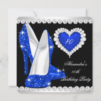 Elegant Glitter Cobalt Blue Heart Shoes Birthday Invitation