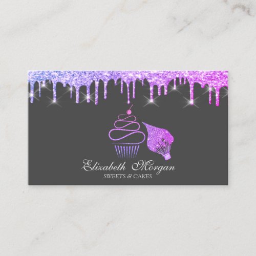 Elegant Glitter Cupcake Violet Drips Piping Bag Business Card