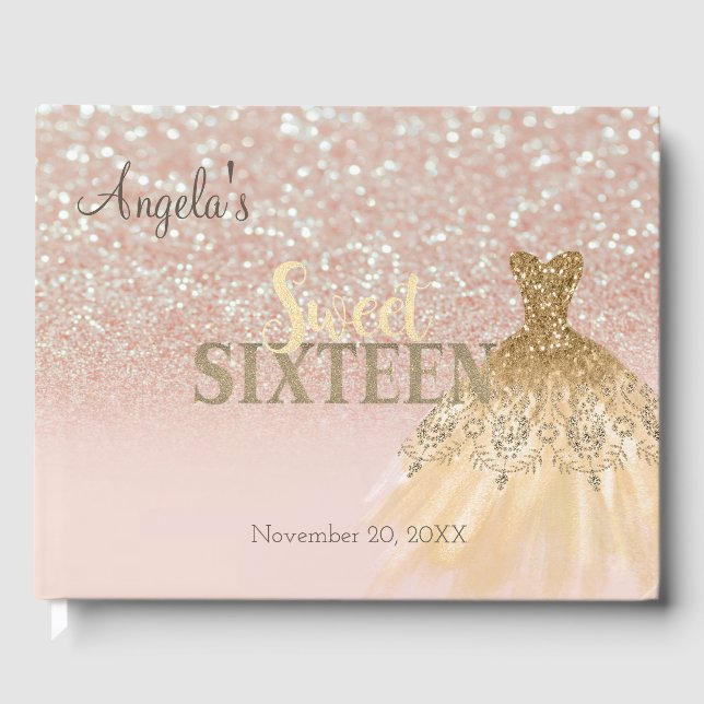 Elegant Glitter Dress Bokeh Ombre ,Sweet 16 Guest Book (Front)