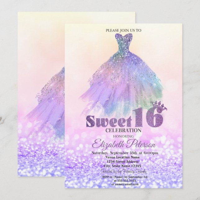 Elegant Glitter Dress Bokeh Sweet 16 Invitation (Front/Back)