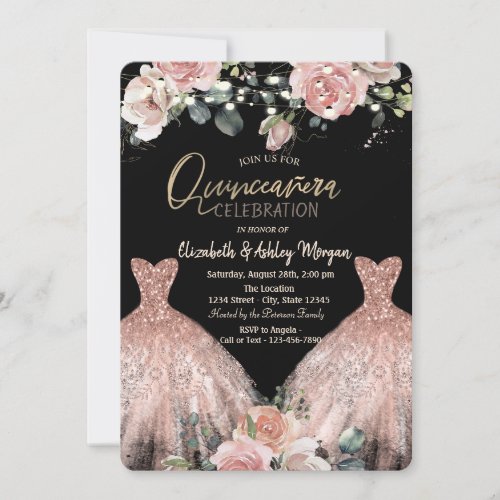  Elegant Glitter Dress Chic Roses Quinceanera Invitation