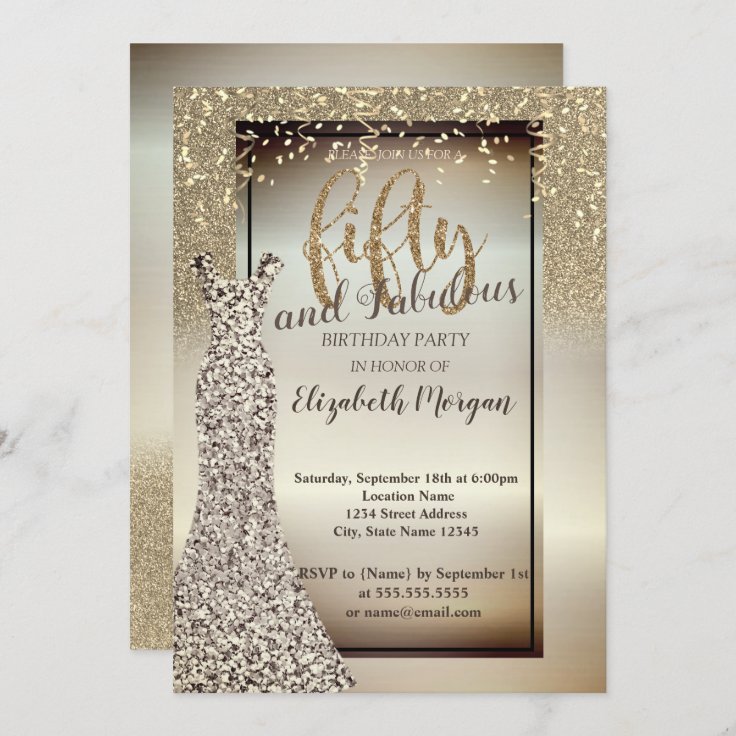 Elegant Glitter Dress,Confetti 50th Birthday Party Invitation | Zazzle