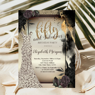 Elegant Glitter Dress,Dark Roses 50th Birthday Invitation