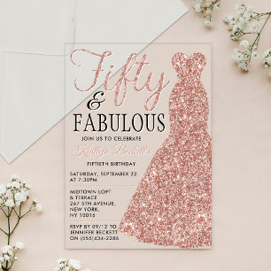 Elegant Glitter Dress Fifty & Fabulous Birthday Acrylic Invitations