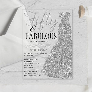 Elegant Glitter Dress   Fifty & Fabulous Birthday Acrylic Invitations
