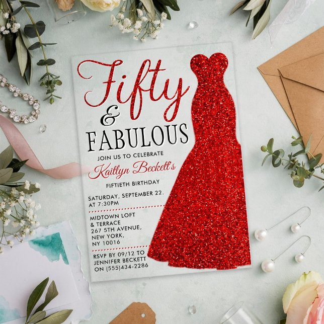 Elegant Glitter Dress | Fifty & Fabulous Birthday Acrylic Invitations (Creator Uploaded)