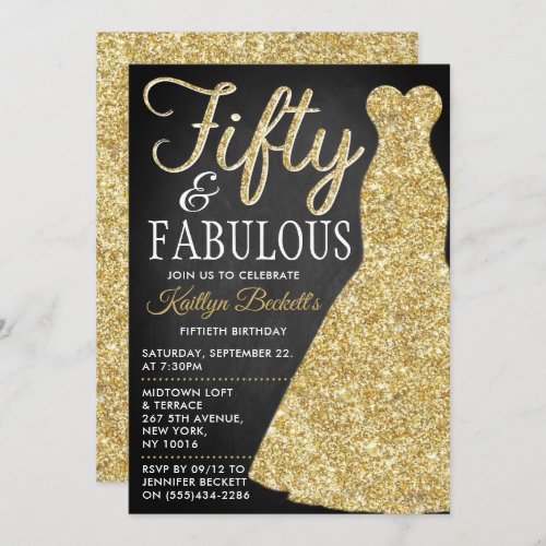 Elegant Glitter Dress  Fifty  Fabulous Birthday Invitation