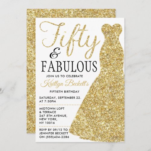 Elegant Glitter Dress  Fifty  Fabulous Birthday Invitation