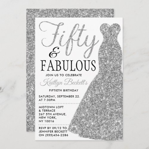 Elegant Glitter Dress  Fifty  Fabulous Birthday Invitation