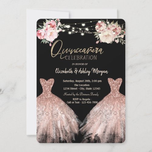  Elegant Glitter Dress Floral Black Quinceanera Invitation