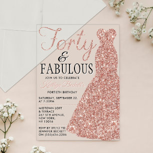 Elegant Glitter Dress Forty & Fabulous Birthday Acrylic Invitations