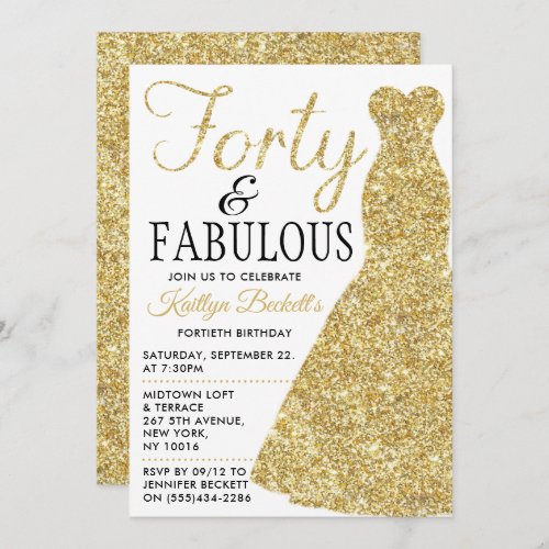 Elegant Glitter Dress  Forty  Fabulous Birthday Invitation