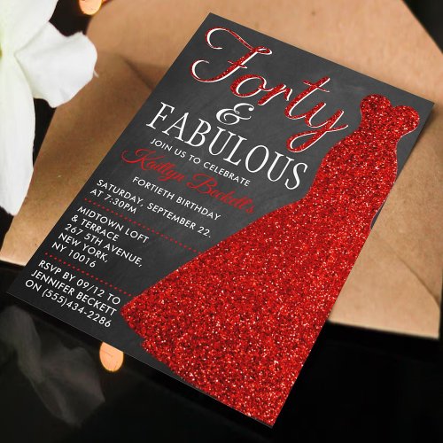 Elegant Glitter Dress  Forty  Fabulous Birthday Invitation