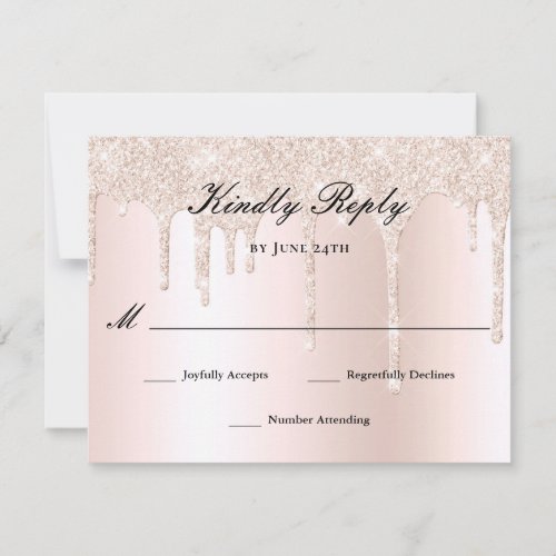 Elegant Glitter Drip Blush Pink Rose Wedding RSVP Card