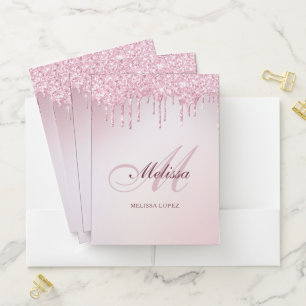 elegant glitter drip trendy girly monogram pocket folder