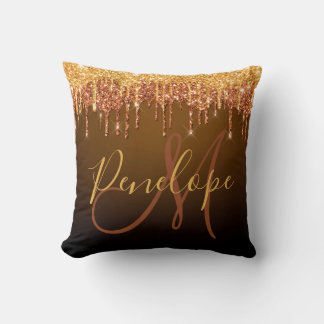 Elegant Glitter Dripping Monogram Throw Pillow