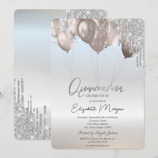 Elegant Glitter Drips Balloons Silver Quinceañera Invitation (Front/Back)