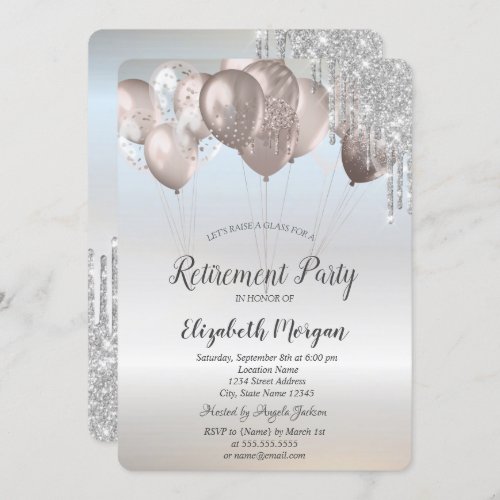 Elegant Glitter Drips Balloons Silver Retirement   Invitation