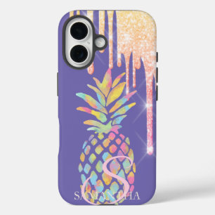 Elegant Glitter Drips Colorful Pineapple Purple iPhone 16 Case
