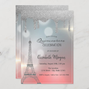 Elegant Glitter Drips, Eiffel Tower Quinceanera Invitation