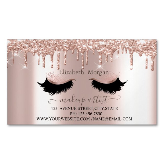 Elegant Glitter Drips Faux Lashes,Makeup Artist Business Card Magnet (Front)