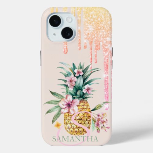 Elegant Glitter Drips Floral Pineapple iPhone 15 Case