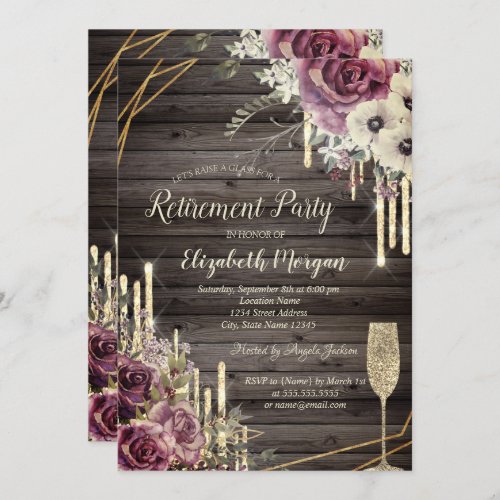 Elegant Glitter DripsGlassFloral Retirement   Invitation