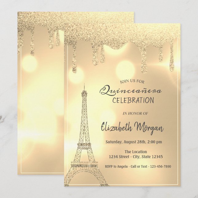 Elegant Glitter Drips,Gold Eiffel Tower Bokeh Invitation (Front/Back)