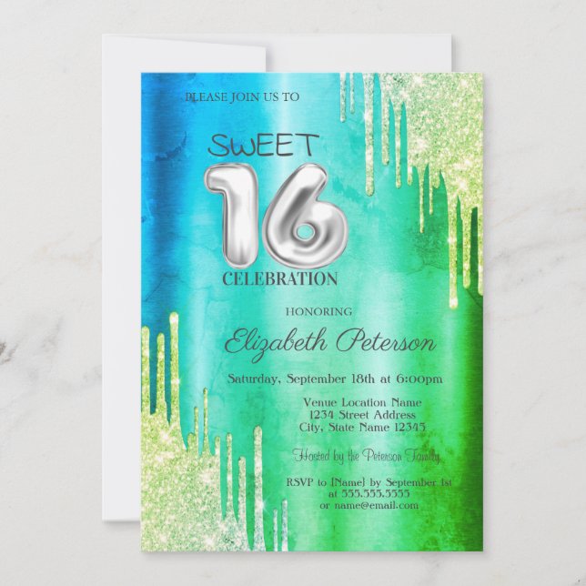 Elegant Glitter Drips Green Sweet 16 Invitation (Front)