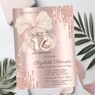 Elegant Glitter Drips Pink Bow Rose Gold Sweet 16 Invitation